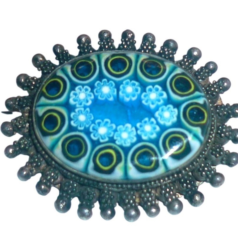 Vintage Italian Murano Millefiori Sterling Silver Mosaic Glass Brooch Pin 925